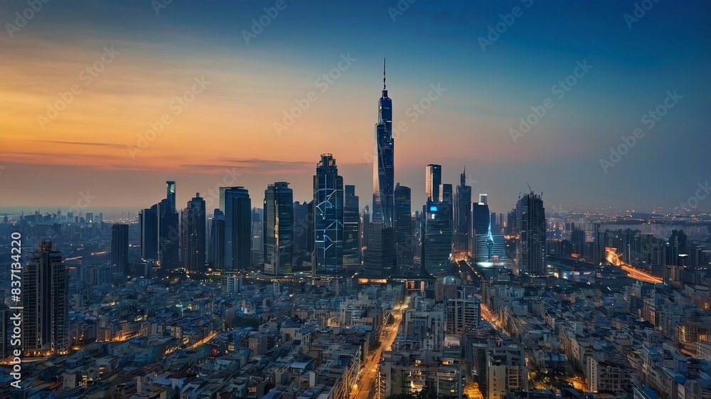 Obraz premium Aerial view of peaceful cityscape before sunrise. Smart city and abstract dot point connect with gradient line and aesthetic Intricate wave line design , big data connection technology concept .