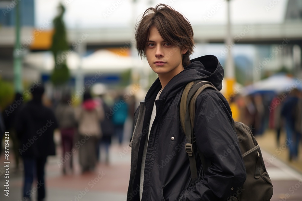 A young man wearing a black jacket A young man wearing a black jacket