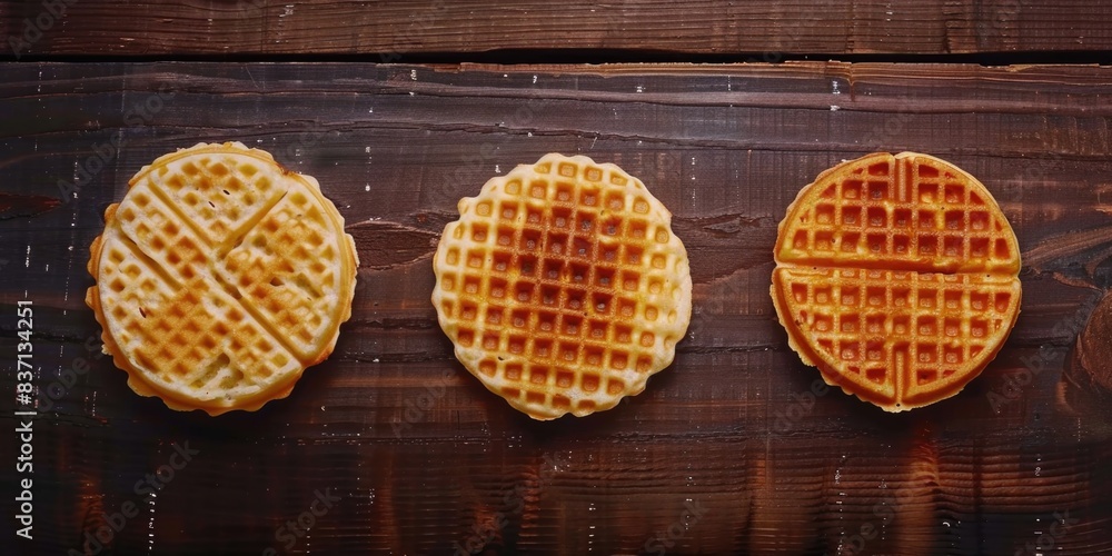 Three waffles are on a wooden table. The waffles are different sizes and shapes. The table is made of wood Three waffles are on a wooden table. The waffles are different sizes and shapes. The table is made of wood