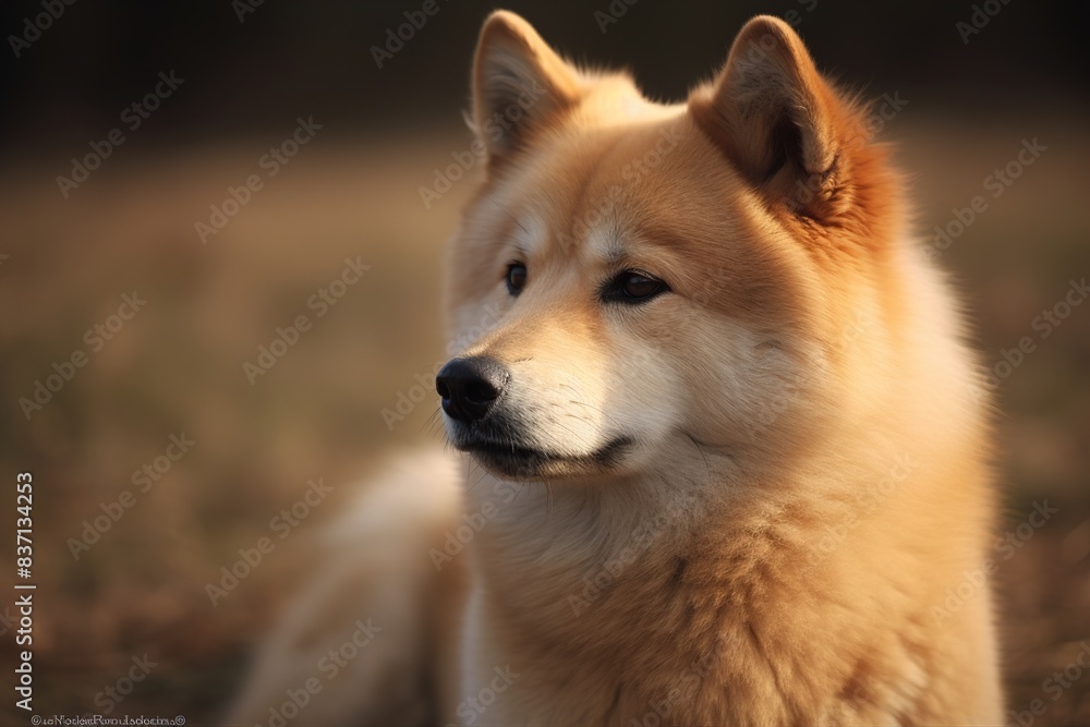 A tan dog with a black nose and brown eyes is sitting on the ground A tan dog with a black nose and brown eyes is sitting on the ground