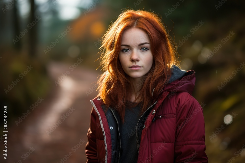 A woman with red hair is wearing a red jacket A woman with red hair is wearing a red jacket