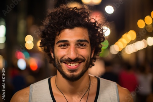 A man with a beard and a smile is standing in front of a crowd