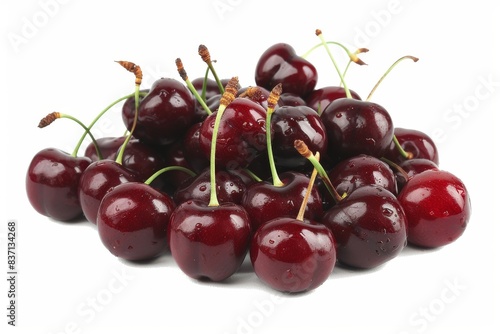 Fresh cherries, dark red and glossy, with stems, isolated on a white background, Di-Cut PNG format