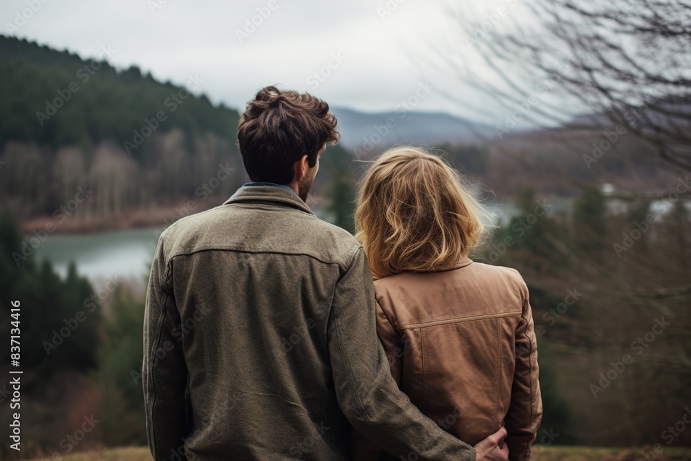 A couple is standing on a hillside, looking out at a lake A couple is standing on a hillside, looking out at a lake