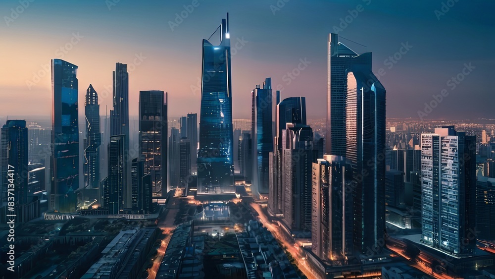 Aerial view of peaceful cityscape before sunrise. Smart city and abstract dot point connect with gradient line and aesthetic Intricate wave line design , big data connection technology concept . Aerial view of peaceful cityscape before sunrise. Smart city and abstract dot point connect with gradient line and aesthetic Intricate wave line design , big data connection technology concept .