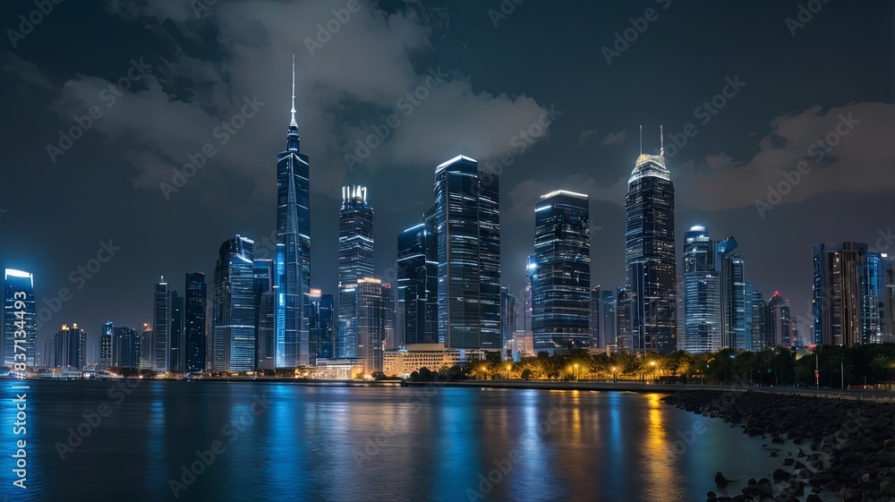 Obraz premium Aerial view of peaceful cityscape before sunrise. Smart city and abstract dot point connect with gradient line and aesthetic Intricate wave line design , big data connection technology concept .