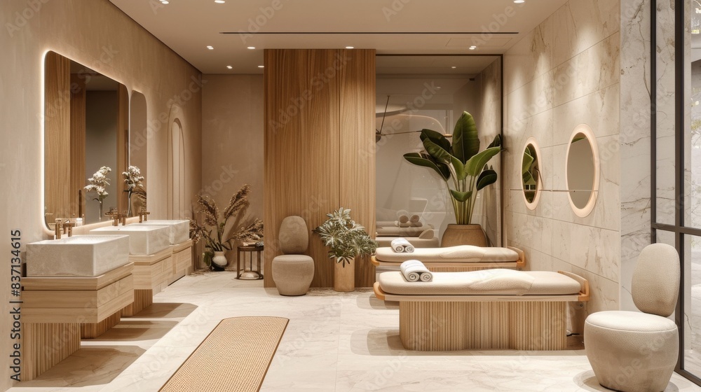 Fototapeta premium Beauty salon showcasing a therapist massaging a client's face, beige interior design