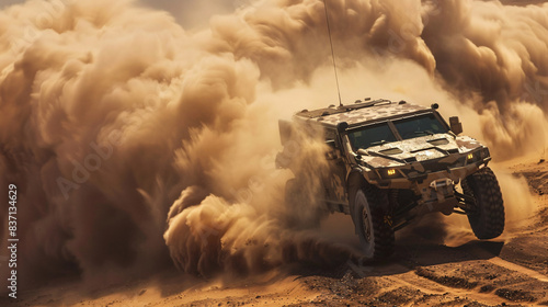Camouflaged hybrid military vehicle traversing harsh desert terrain, kicking up dust and sand in its wake © Natchaya