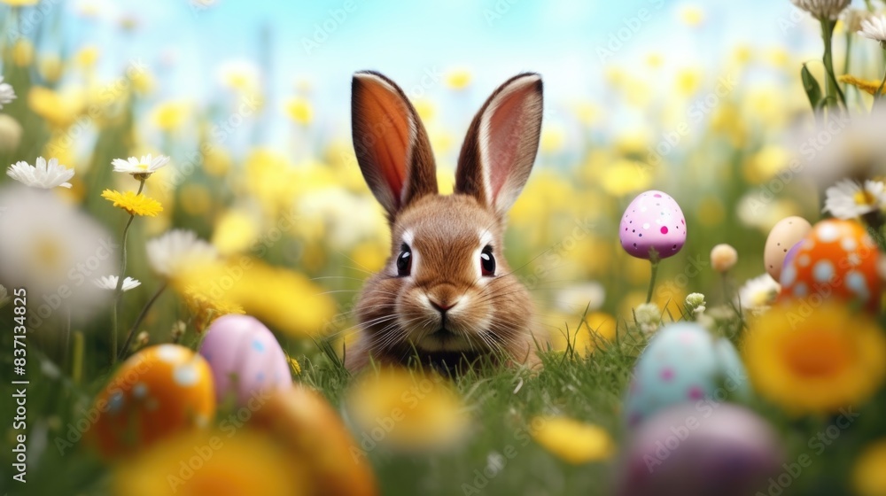 A rabbit is standing in a field of yellow flowers and eggs. The rabbit is looking at the camera, and the scene is bright and cheerful A rabbit is standing in a field of yellow flowers and eggs. The rabbit is looking at the camera, and the scene is bright and cheerful