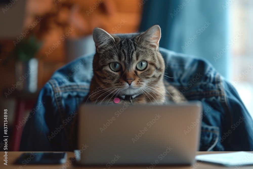 A cat is sitting on a laptop computer and looking at the camera. The cat is wearing a collar and he is curious about the laptop A cat is sitting on a laptop computer and looking at the camera. The cat is wearing a collar and he is curious about the laptop