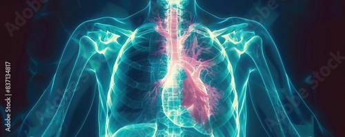 A neonenhanced Xray image of a normal healthy chest, highlighting the lung, heart, and diaphragm areas, combining medical detail with glowing artistic elements photo