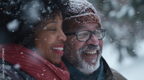 A man and woman are smiling in the snow. The man is wearing glasses and the woman is wearing a scarf