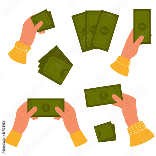 Collection with hands holding paper green money. Cash currency concept. Paper dollar banknote in hand