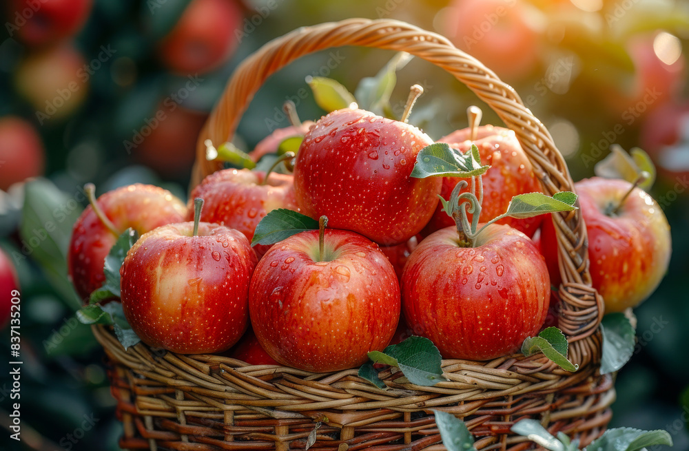 Organic red ripe apples in the basket. A basket full of fresh apples in the garden Organic red ripe apples in the basket. A basket full of fresh apples in the garden