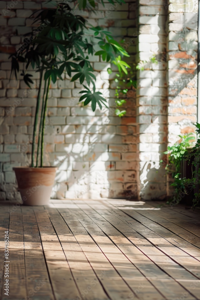 A brick wall with a plant in a pot and a window A brick wall with a plant in a pot and a window