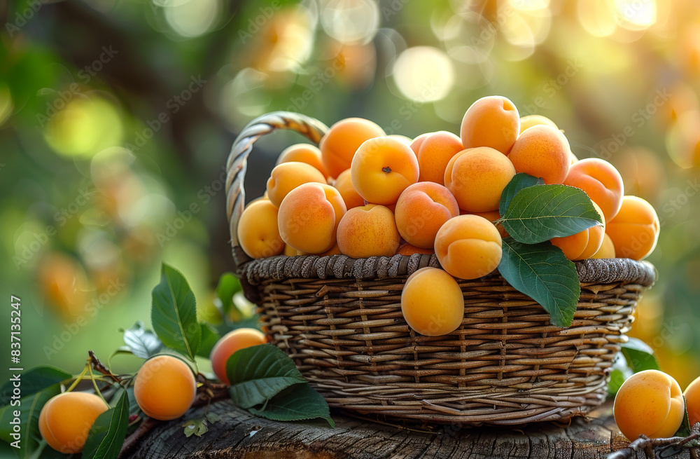 Fresh apricots in the basket. A basket full of fresh apricots in the garden Fresh apricots in the basket. A basket full of fresh apricots in the garden