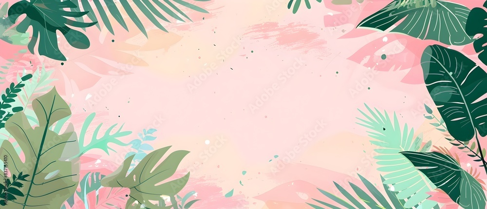 Vibrant Tropical Leaf Border Design with Pastel Geometric Shapes and Blank Space for Mockup Background Vibrant Tropical Leaf Border Design with Pastel Geometric Shapes and Blank Space for Mockup Background