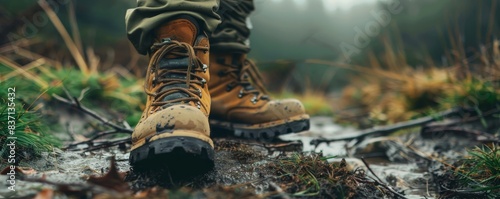 Close-up of a hiker's boots on the rugged trail, detailed textures of dirt and grass, emphasizing the gritty reality of hiking.