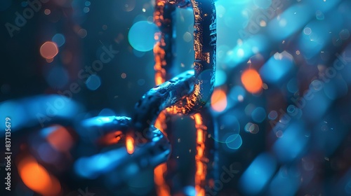 A close-up shot of a metal chain with blurry bokeh lights in the background