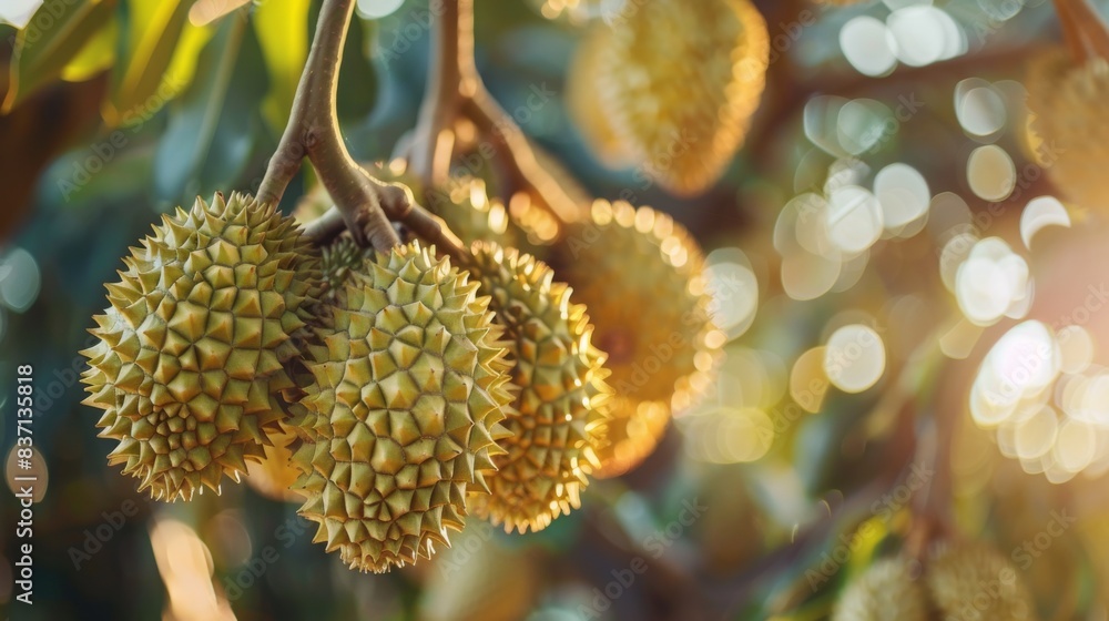 Close-up of a durian tree, with fruits ready to be harvested for export Close-up of a durian tree, with fruits ready to be harvested for export