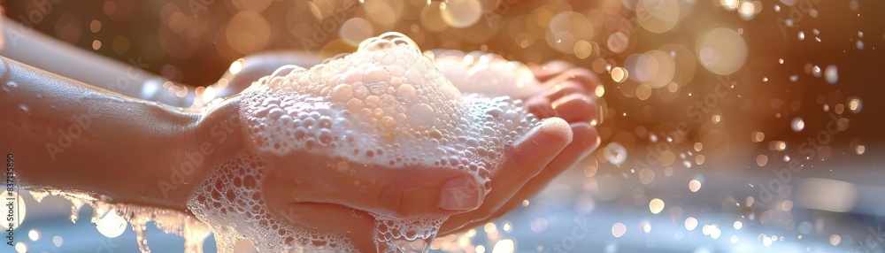 Close-up of hands washing with soap and water, creating bubbles in warm light. Hygiene and cleanliness concept. Close-up of hands washing with soap and water, creating bubbles in warm light. Hygiene and cleanliness concept.