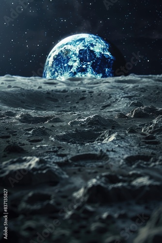 A blue planet with a large moon in the background. The moon is surrounded by a lot of space and the planet is surrounded by a lot of space