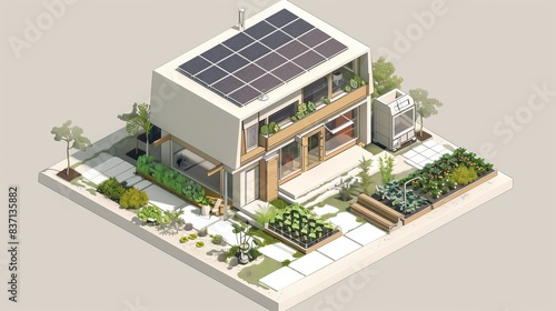 Isometric view of a home with solar power generation and a garden for local, organic produce.
