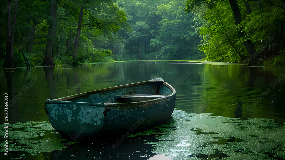A serene nature swamp scene with a small boat gently floating on the water, surrounded by dense vegetation A serene nature swamp scene with a small boat gently floating on the water, surrounded by dense vegetation