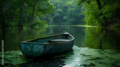A serene nature swamp scene with a small boat gently floating on the water, surrounded by dense vegetation © MistoGraphy
