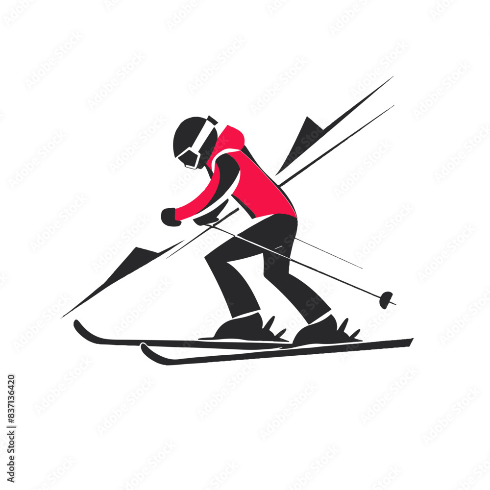 Fototapeta premium Minimalist illustration of a skier in motion. Red jacket, black skis, and poles against a simple background. Winter sports graphic.