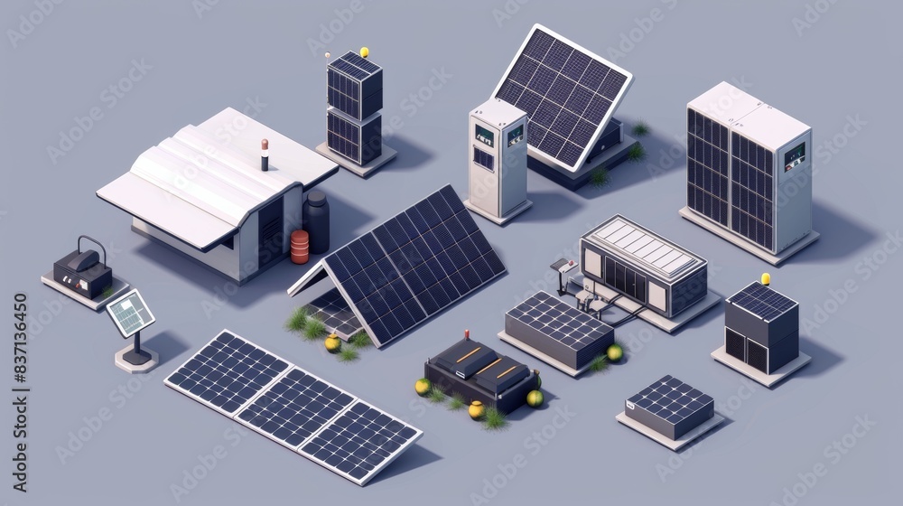 A detailed isometric composition of solar panels advocating for environmental protection. A detailed isometric composition of solar panels advocating for environmental protection.