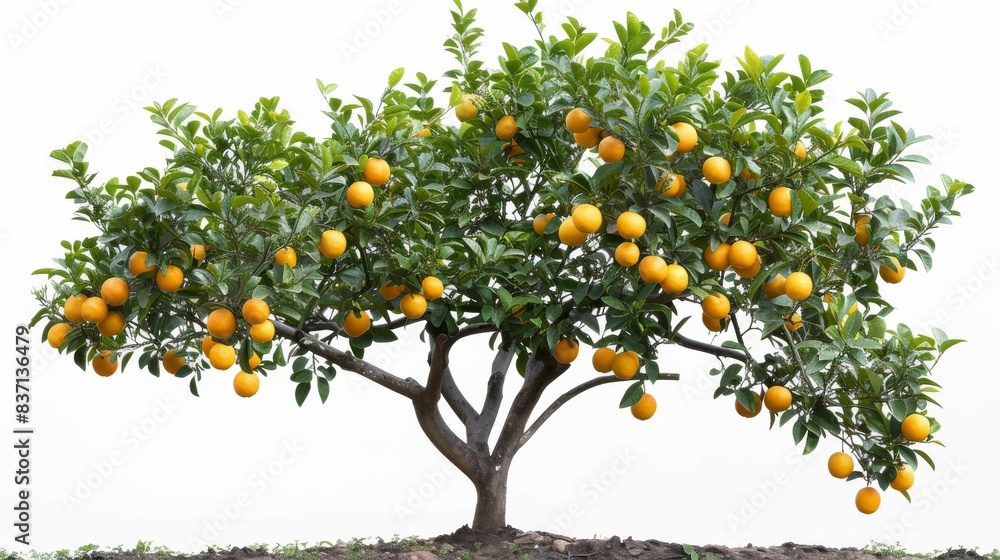 Close-up of a lemon tree with visible fruit, isolated on a white background