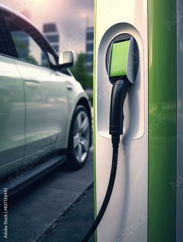 A car is plugged into a green charging station. The car is parked next to a building