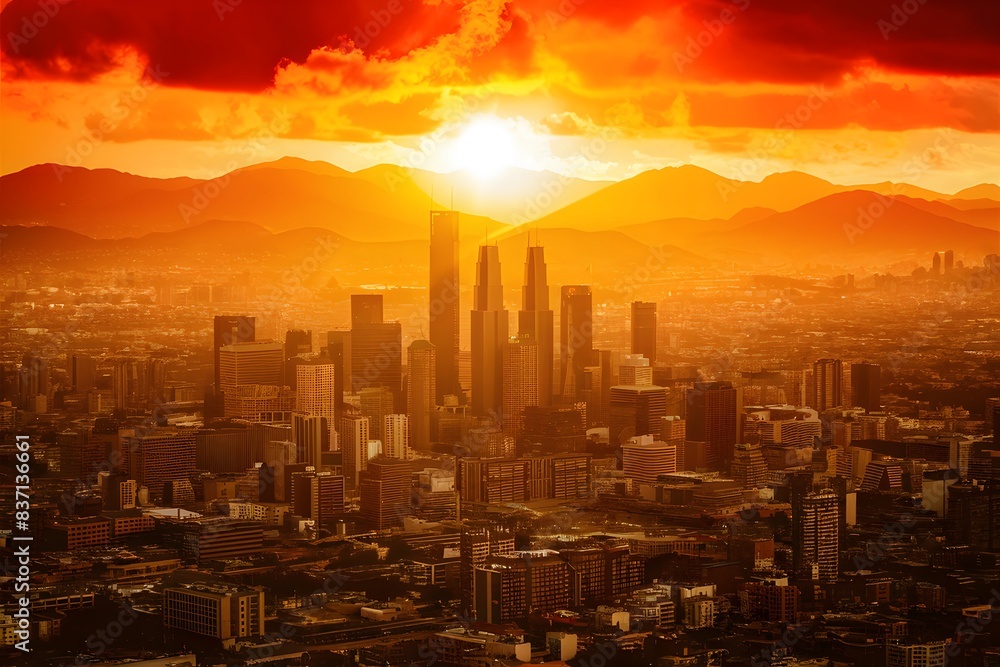 Obraz premium Golden sun illuminates city skyline creating a stunning aerial view