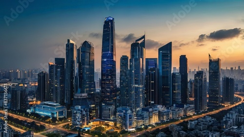 Aerial view of peaceful cityscape before sunrise. Smart city and abstract dot point connect with gradient line and aesthetic Intricate wave line design , big data connection technology concept . photo
