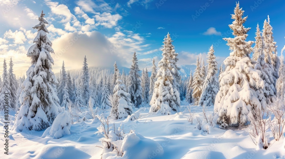 A snowy forest with many trees covered in snow. The sky is blue and there are some clouds in the background. The scene is peaceful and serene, with the snow covering the ground A snowy forest with many trees covered in snow. The sky is blue and there are some clouds in the background. The scene is peaceful and serene, with the snow covering the ground