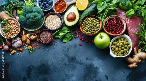 A colorful assortment of fruits and vegetables are displayed on a counter. Concept of abundance and health  as the variety of produce suggests a well-rounded and nutritious diet