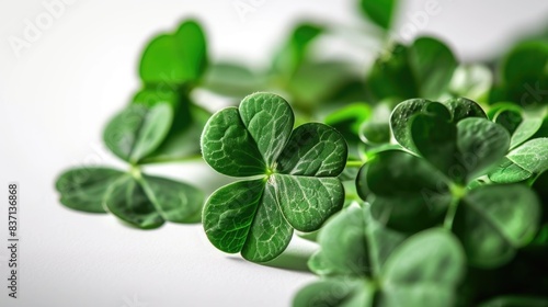 A close up of four green clovers. The clovers are all different sizes and are arranged in a row