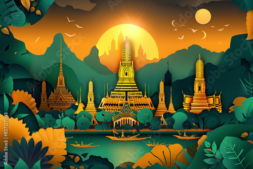 Artistic paper cut creation featuring Thailands natural and urban landmarks a celebration of Thai heritage and beauty photo