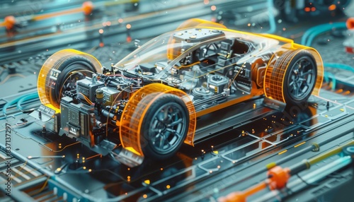 Futuristic transparent electric car model showcasing advanced technology on a digital circuit board, representing innovation and engineering.