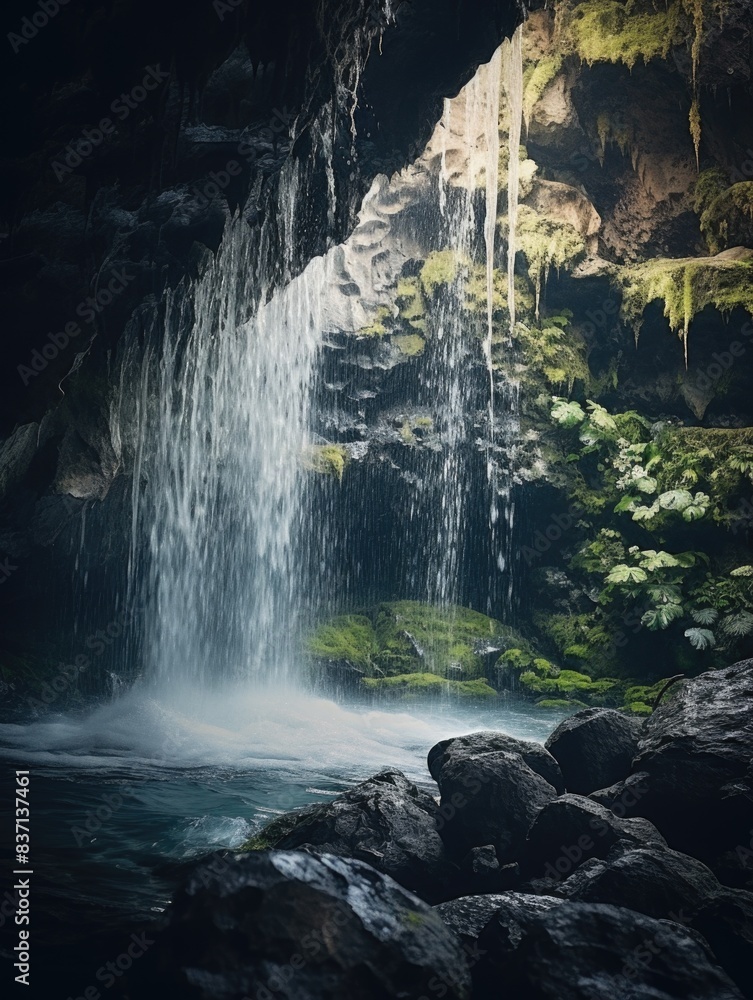 Fototapeta premium A waterfall is flowing into a pool of water in a cave. The water is clear and the rocks surrounding the pool are grey. The scene is peaceful and serene