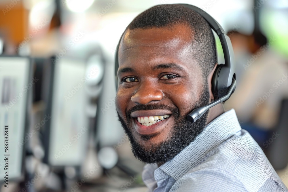 Naklejka premium A man wearing a headset is smiling at the camera. He is wearing a white shirt and a black beard