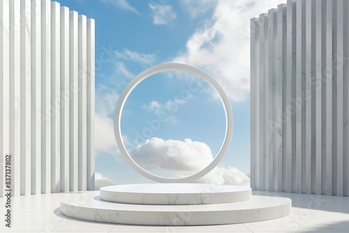 White pillars product booth under blue sky and white clouds