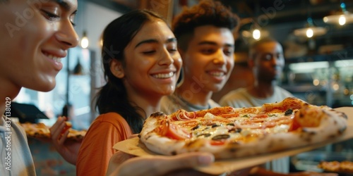 A group of people are smiling and holding pizza boxes. Scene is happy and friendly