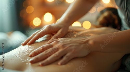 Close-up of a therapist's hands using effleurage strokes on a woman's back photo