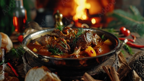 A large bowl of meat and potatoes with a sprig of parsley on top. The bowl is on a wooden table with a fire in the background