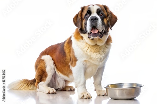 Adorable Saint Bernard Dog Sitting Next to a Stainless Steel Bowl on a White Background, Looking Happy and Playful, Perfect for Pet Care, Animal Companionship, and Veterinary Themes