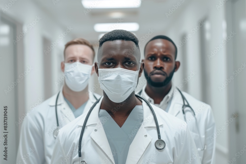 group of three multiracial men doctors in medical masks and stethoscopes around necks in center of white corridor of modern hospital group of three multiracial men doctors in medical masks and stethoscopes around necks in center of white corridor of modern hospital