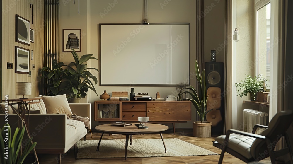 Contemporary relaxation space with a touch of greenery and a backdrop of sheer curtains. Contemporary relaxation space with a touch of greenery and a backdrop of sheer curtains.