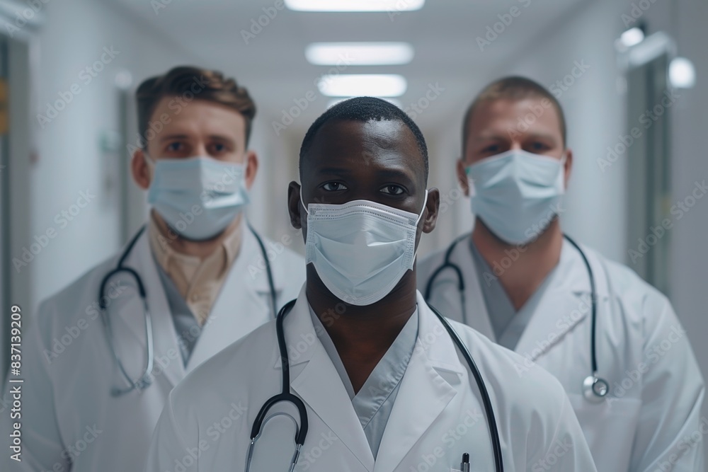 group of three multiracial men doctors in medical masks and stethoscopes around necks in center of white corridor of modern hospital group of three multiracial men doctors in medical masks and stethoscopes around necks in center of white corridor of modern hospital